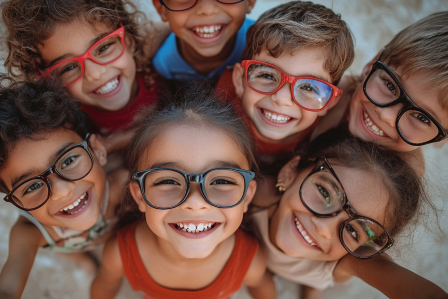 group of seven kids smiling and all wearing glasses